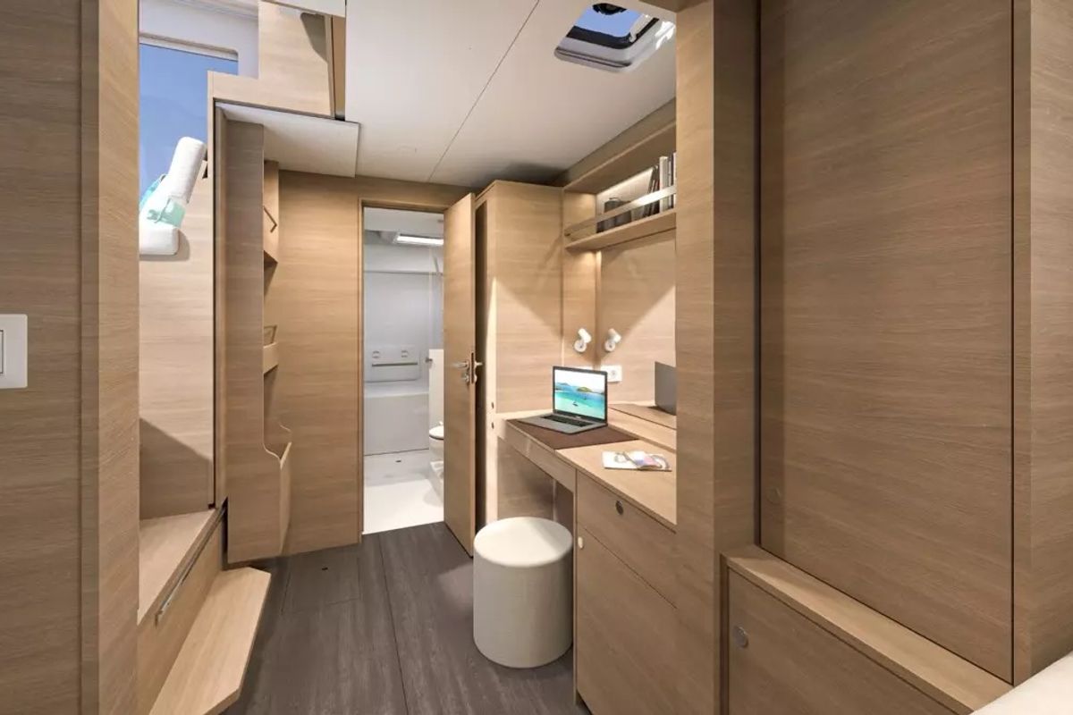 Cabin on Blue Willi, a Lagoon 38 catamaran at Olbia, Italy