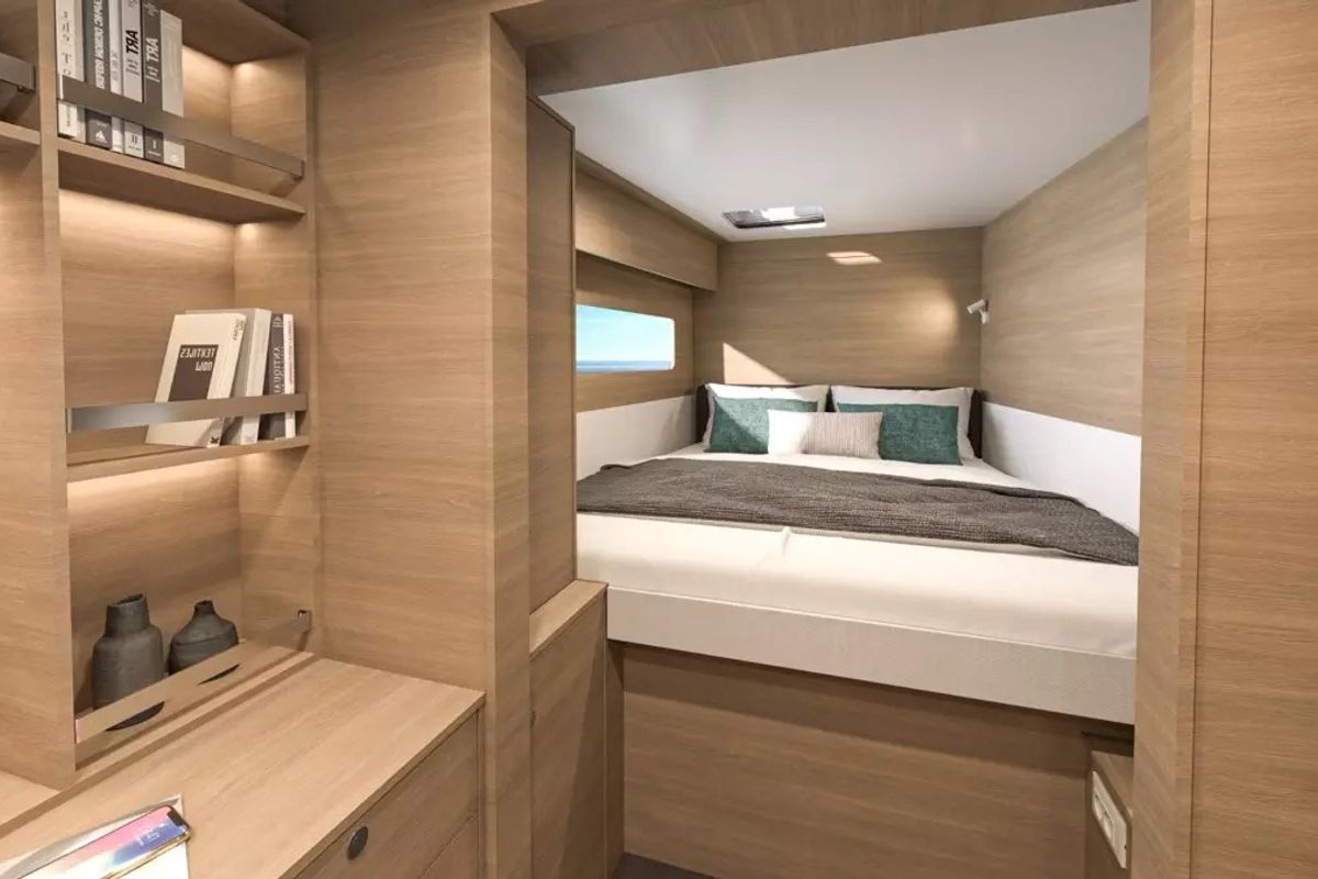 Cabin on Blue Willi, a Lagoon 38 catamaran at Olbia, Italy