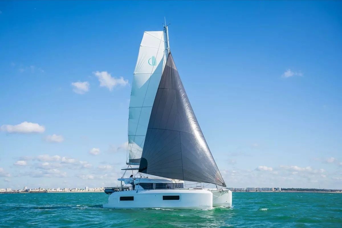 Exterior view of Blue Willi, a Lagoon 38 catamaran at Olbia, Italy