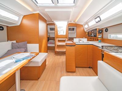 Salon of Pnoe, a Jeanneau Sun Odyssey 410 sailboat at Municipal Unit of Lefkada, Greece