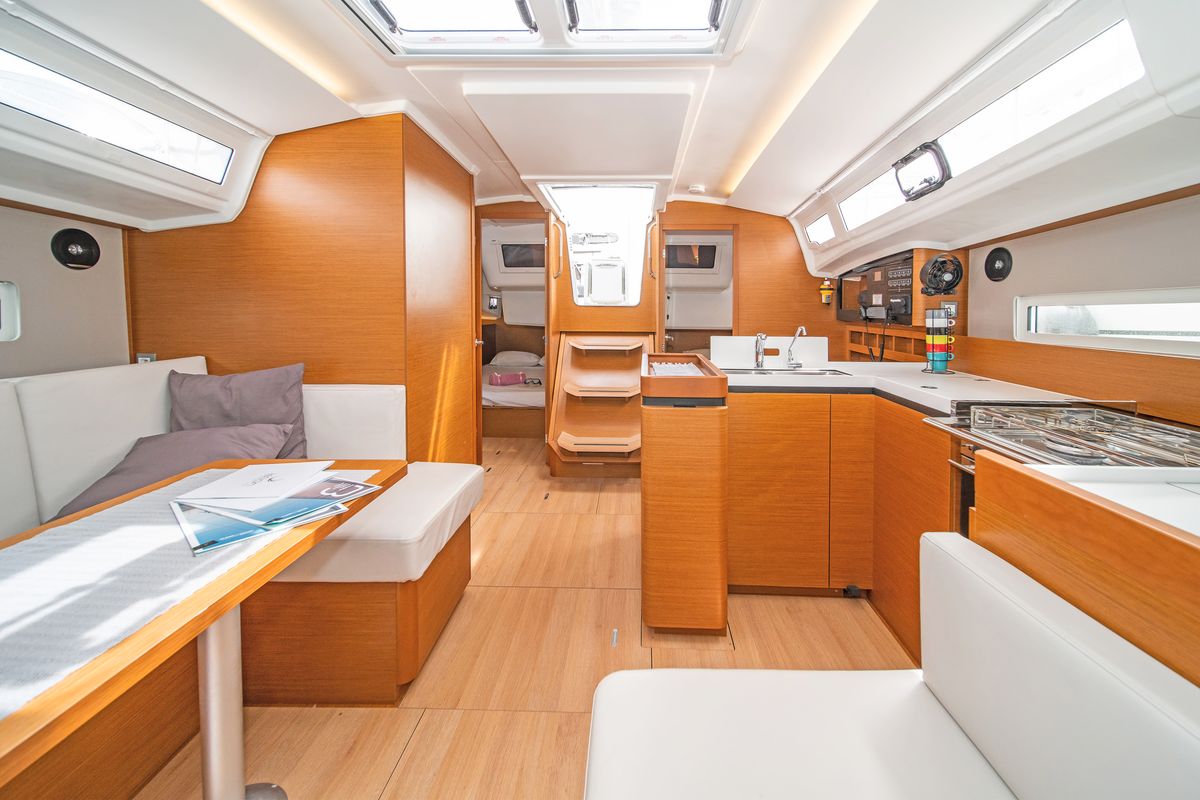 Salon of Pnoe, a Jeanneau Sun Odyssey 410 sailboat at Municipal Unit of Lefkada, Greece
