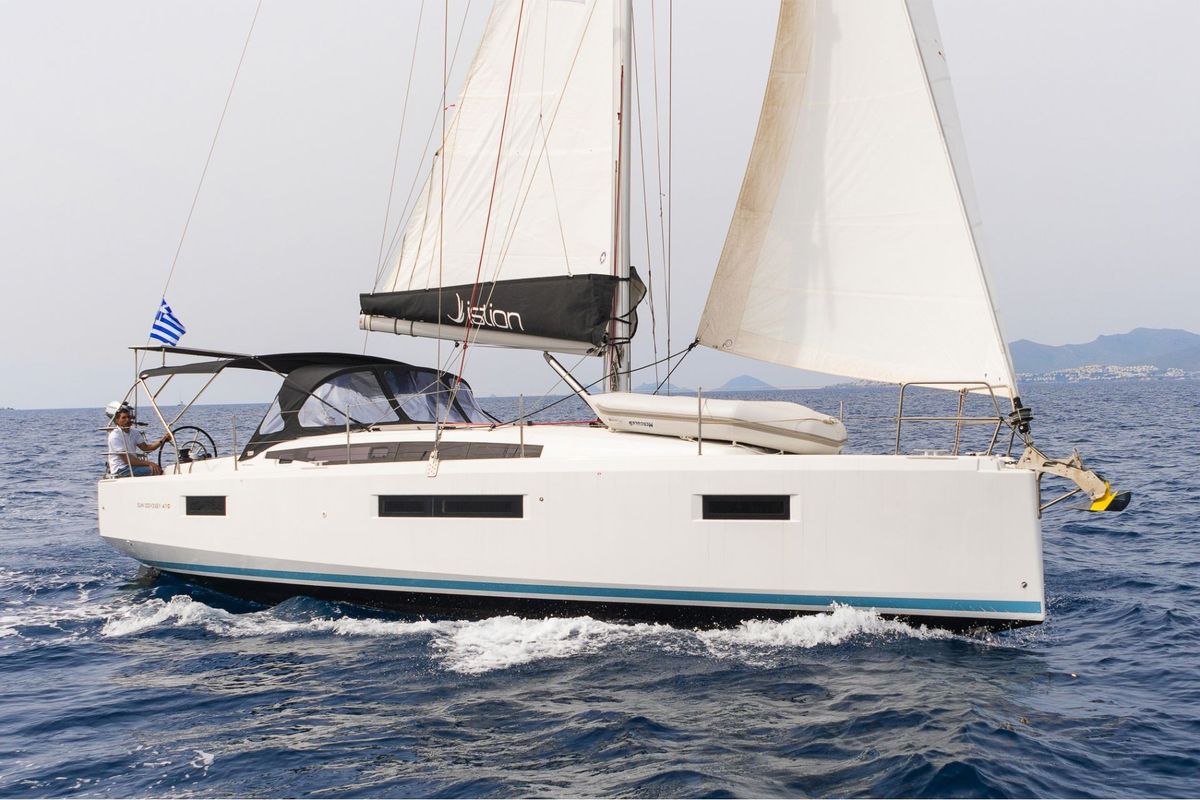 Exterior view of Pnoe, a Jeanneau Sun Odyssey 410 sailboat at Municipal Unit of Lefkada, Greece