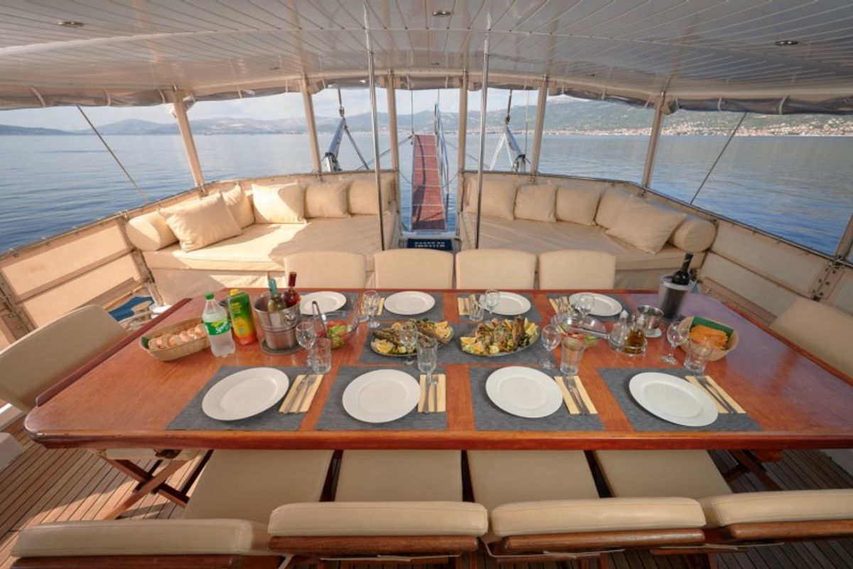 Deck of SOLE, a Gulet Gulet gulet at Grad Kaštela, Croatia