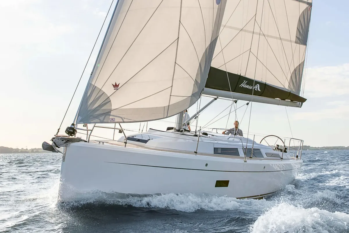 Exterior view of Ursa, a Hanse Yachts Hanse 348 sailboat at Grimaud, France