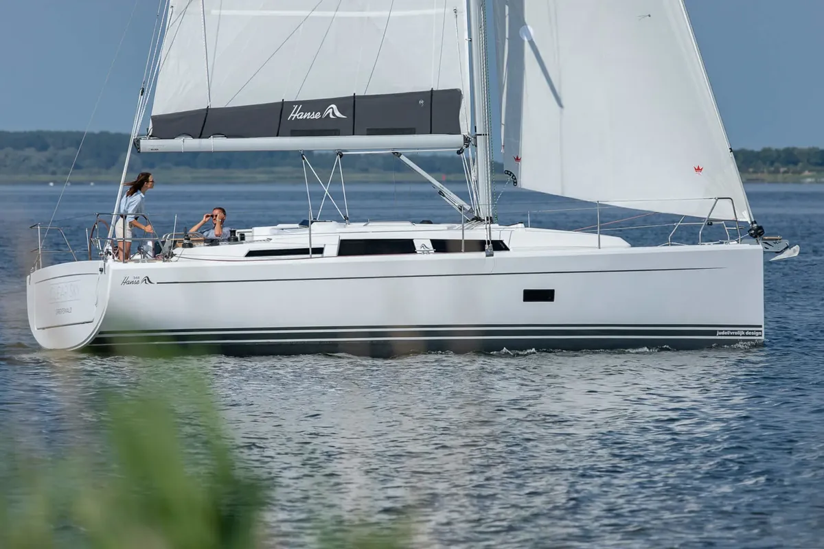 Exterior view of Ursa, a Hanse Yachts Hanse 348 sailboat at Grimaud, France