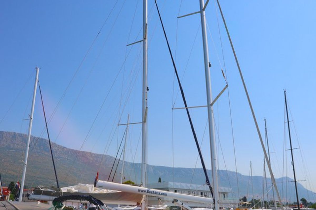 Exterior view of Salbunara, a Bavaria Cruiser 46 sailboat at Grad Kaštela, Croatia