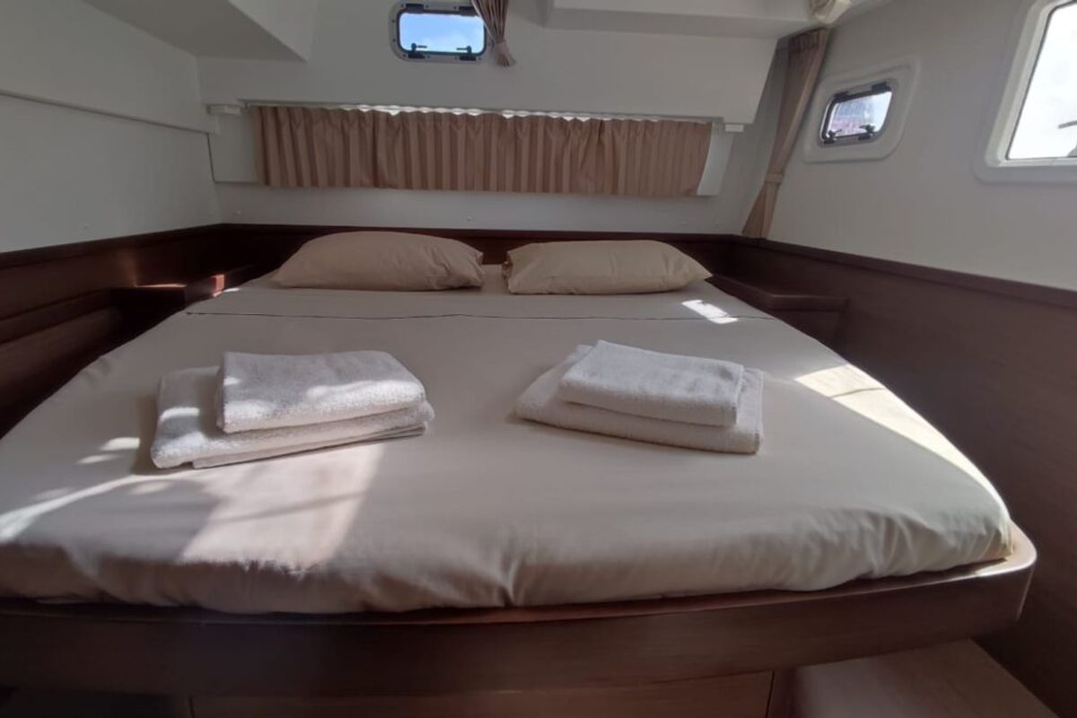 Cabin on Loki, a Lagoon 42 catamaran at Piombino, Italy