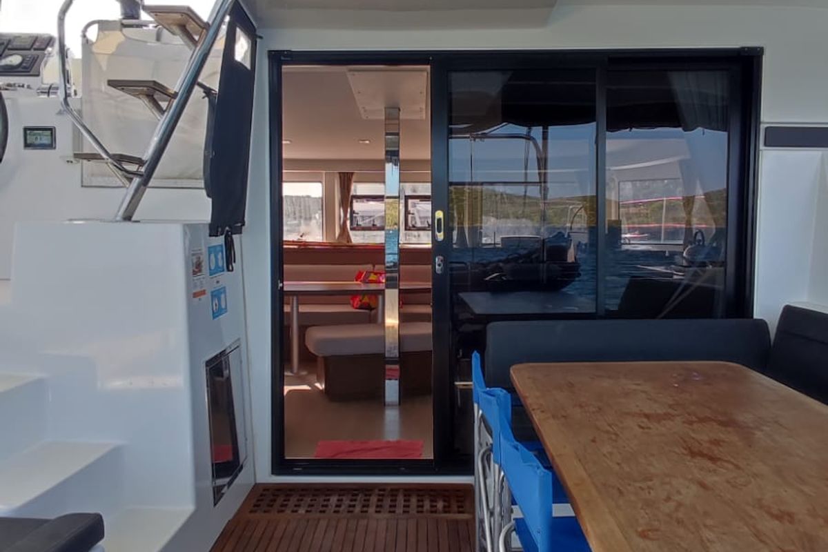 Deck of Loki, a Lagoon 42 catamaran at Piombino, Italy