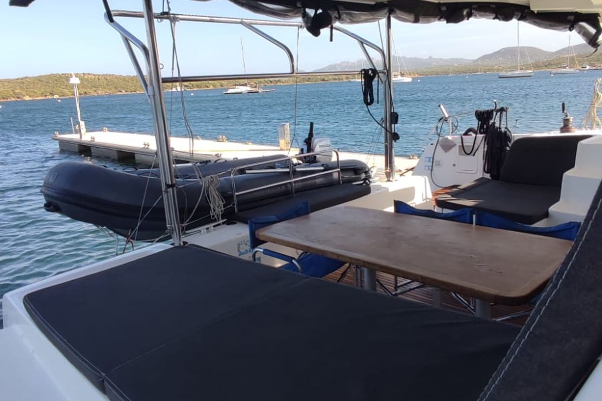 Deck of Loki, a Lagoon 42 catamaran at Piombino, Italy