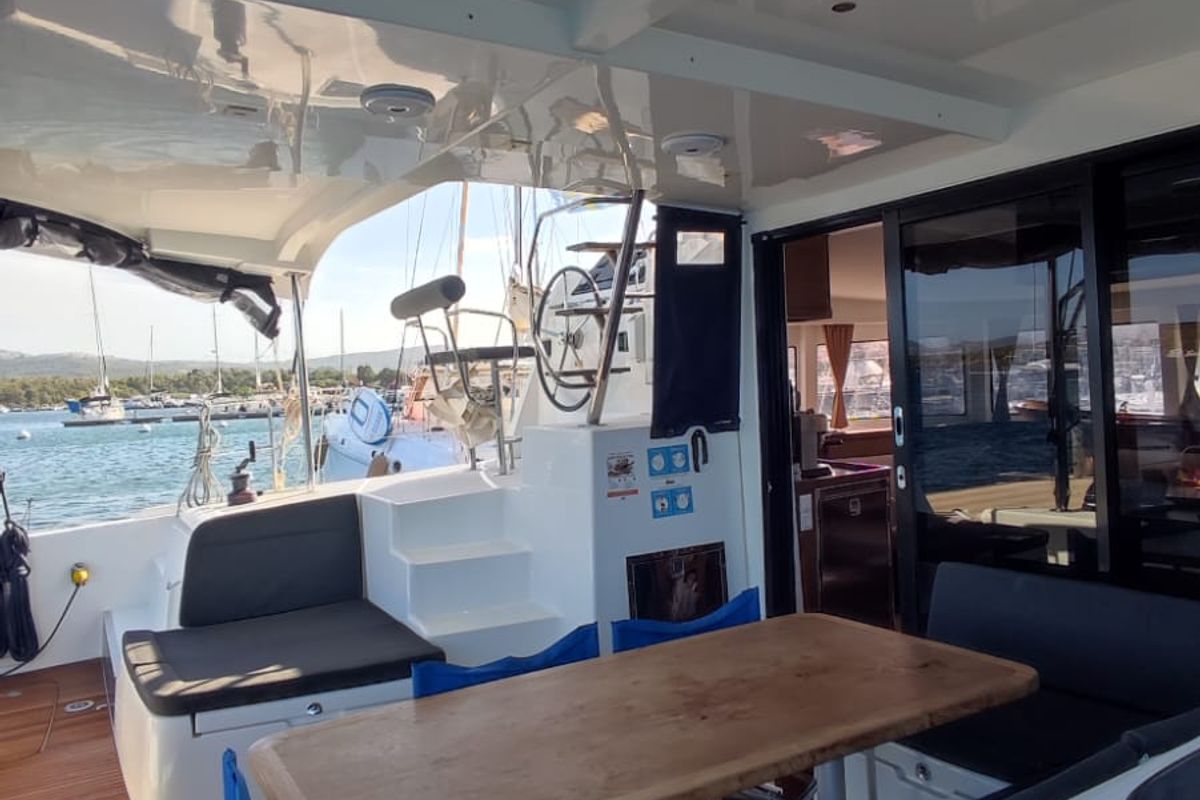 Deck of Loki, a Lagoon 42 catamaran at Piombino, Italy