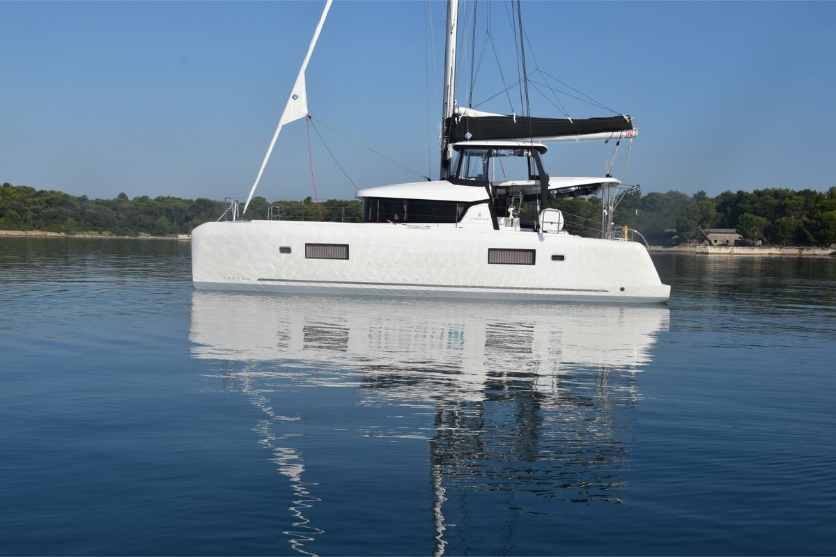 Exterior view of Loki, a Lagoon 42 catamaran at Piombino, Italy