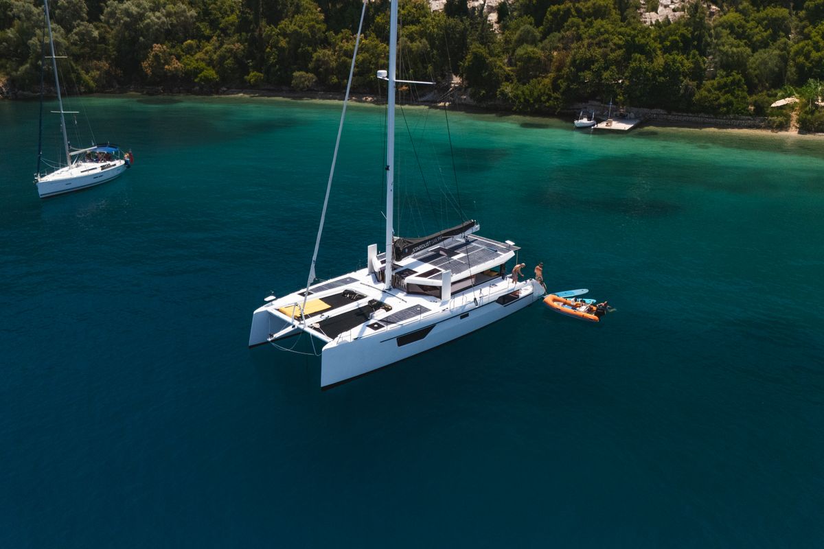 Exterior view of Stardust, a Gulet Windelo 54 catamaran at Municipal Unit of Lefkada, Greece