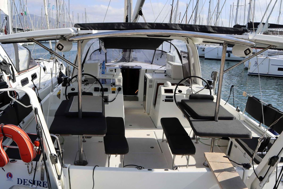Deck of DESIRE, a Jeanneau Sun Loft 47 sailboat at Parikia, Greece