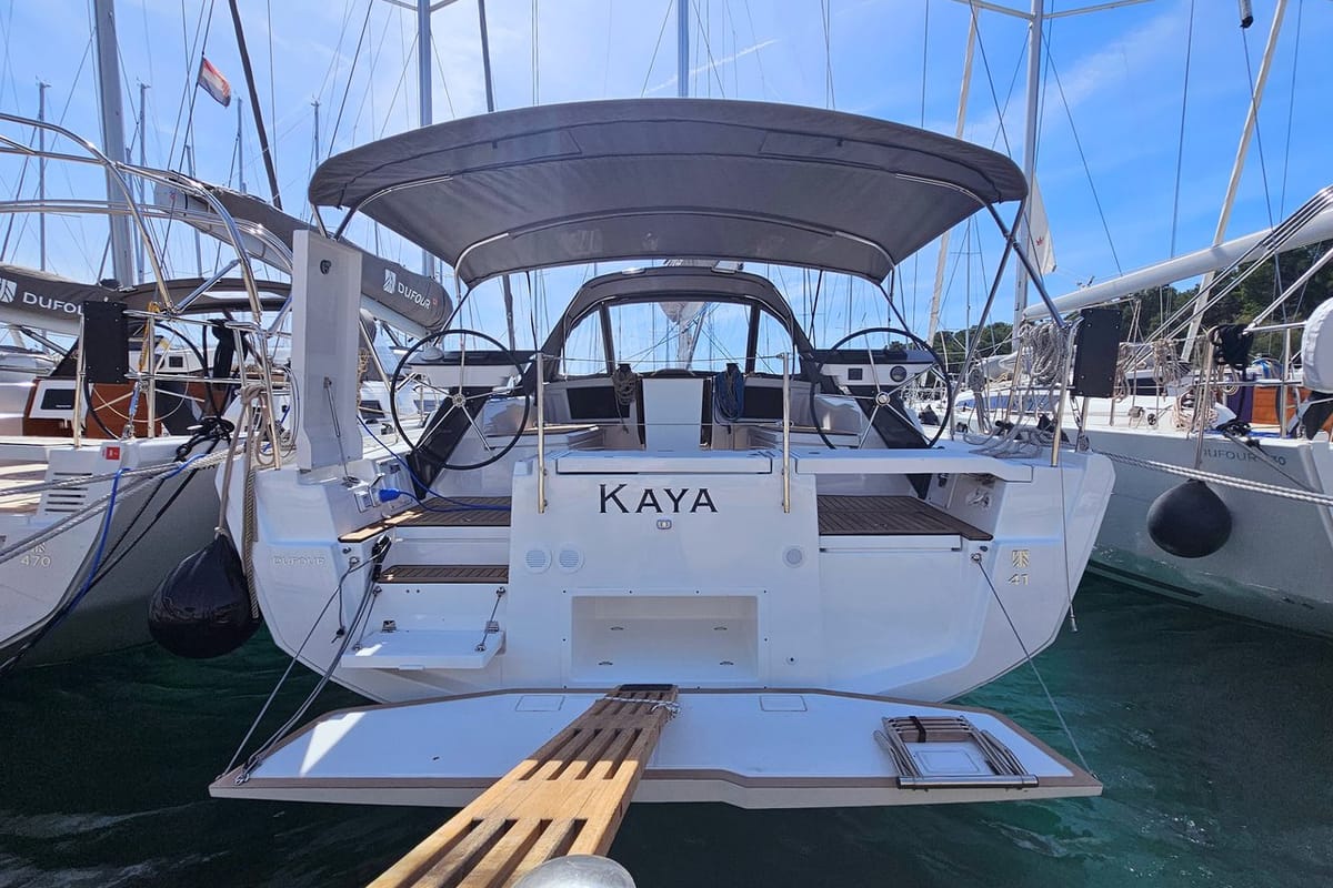 Exterior view of Kaya, a Dufour 41 sailboat at Općina Rogoznica, Croatia