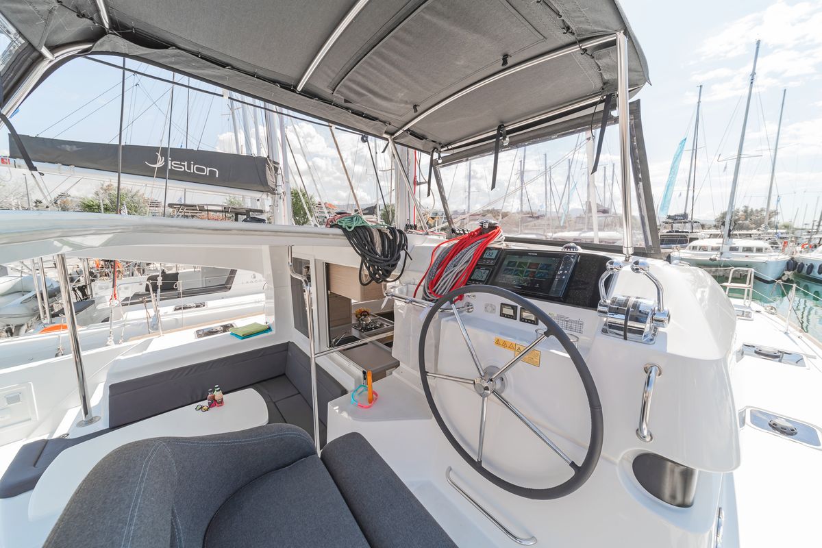 Cockpit of Nemo, a Lagoon 40 catamaran at Municipal Unit of Rhodes, Greece