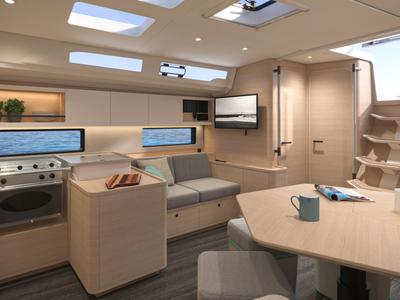Salon of Sunsail 44.4 Premium, a Dufour 44 sailboat at Municipal Unit of Lefkada, Greece