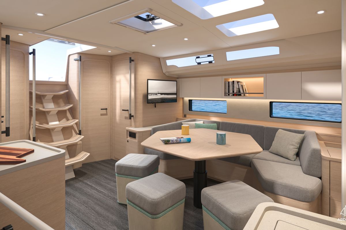 Salon of Sunsail 44.4 Premium, a Dufour 44 sailboat at Municipal Unit of Lefkada, Greece