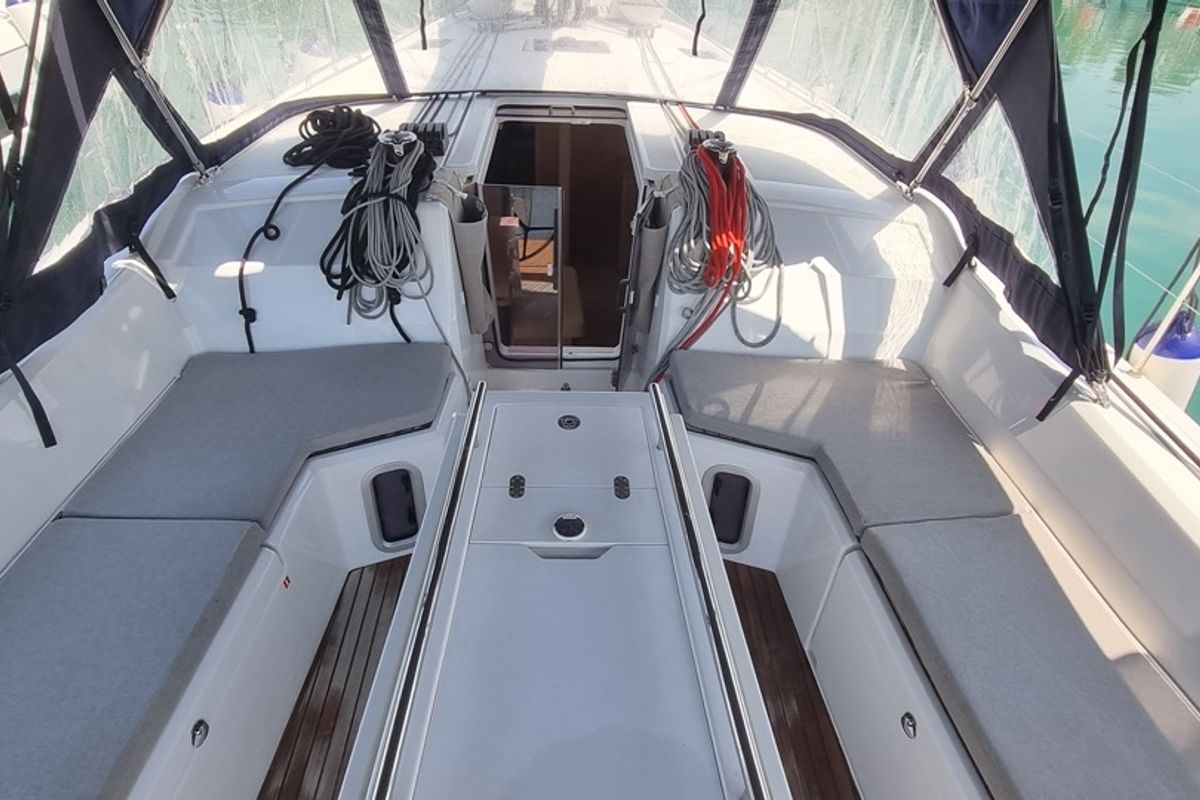 Deck of Aries, a Beneteau Oceanis 40.1 sailboat at Salerno, Italy