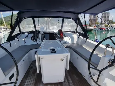 Cockpit of Aries, a Beneteau Oceanis 40.1 sailboat at Salerno, Italy