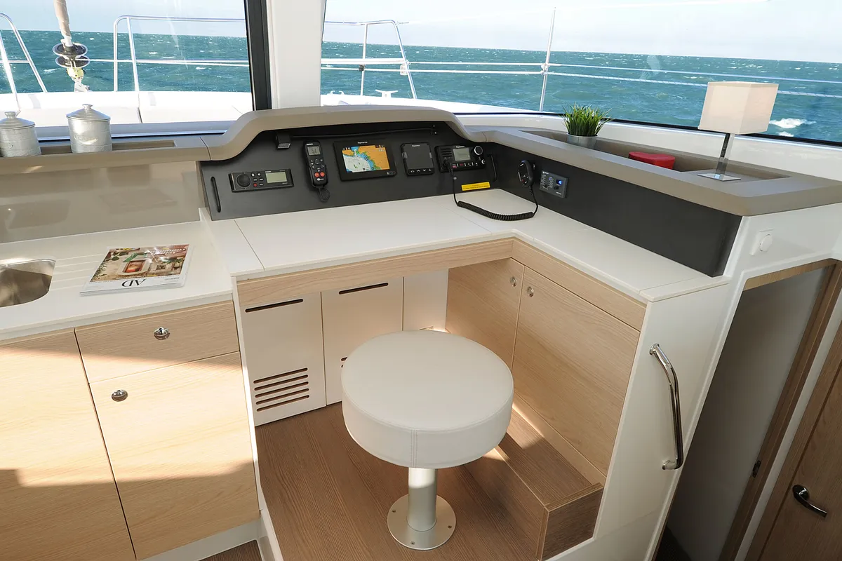 Cockpit of Dodo, a Bali 4.1 catamaran at Cagliari, Italy