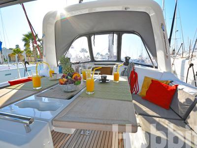 Deck of Hobbit, a Beneteau Oceanis 35 sailboat at Kos, Greece