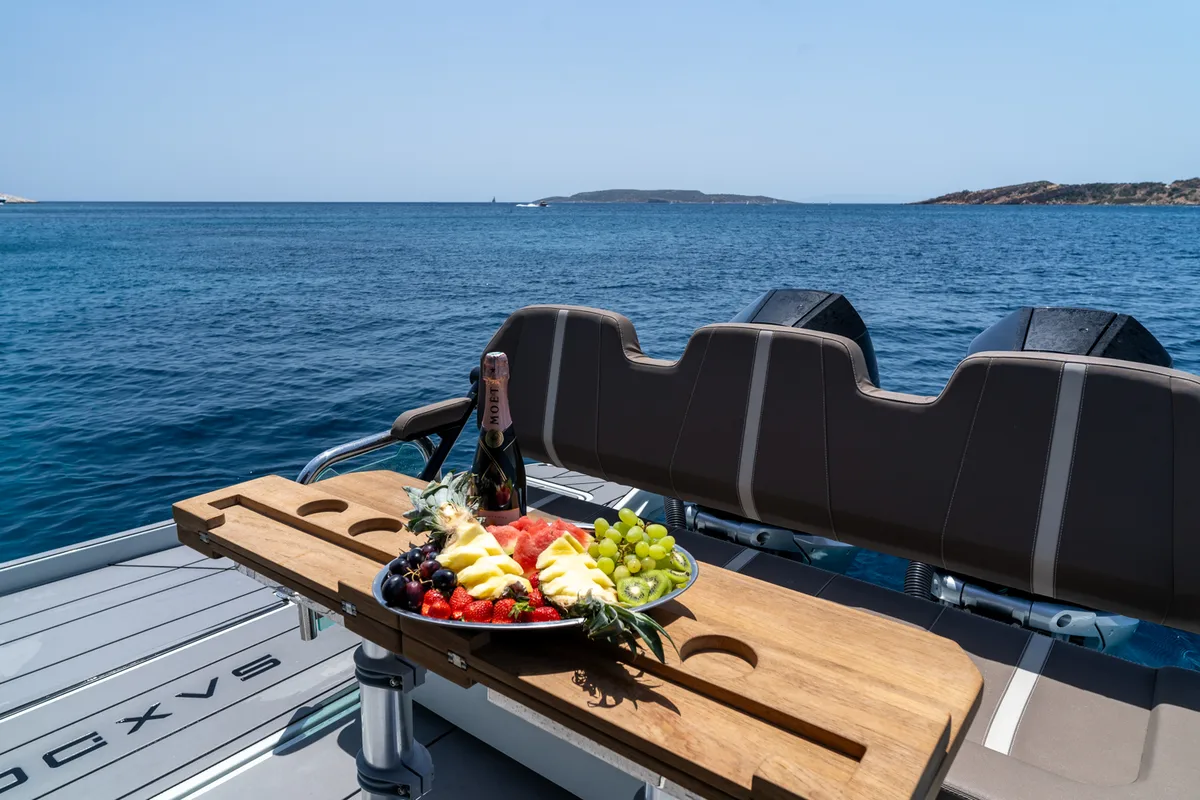 Deck of Evdoxia, a Saxdor Yachts Saxdor 320 GTC motorboat at Athens, Greece