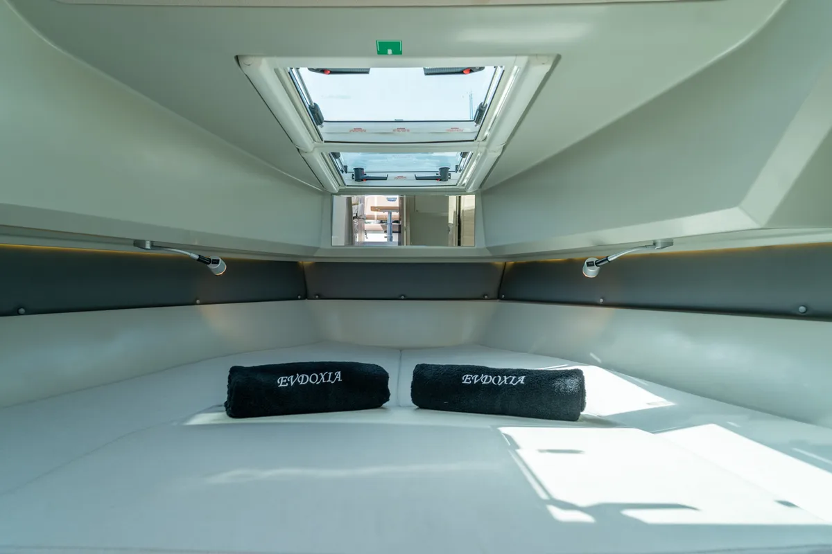 Cabin on Evdoxia, a Saxdor Yachts Saxdor 320 GTC motorboat at Athens, Greece