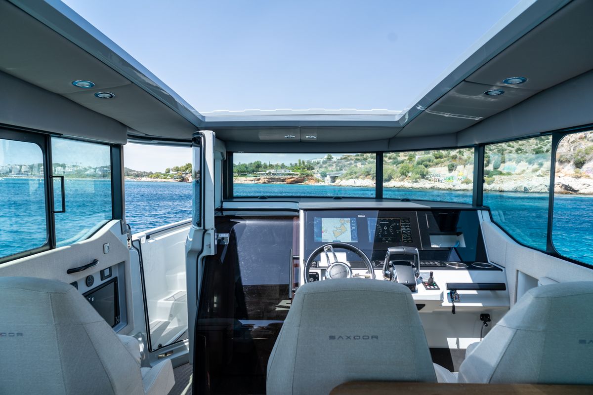 Cockpit of Evdoxia, a Saxdor Yachts Saxdor 320 GTC motorboat at Athens, Greece