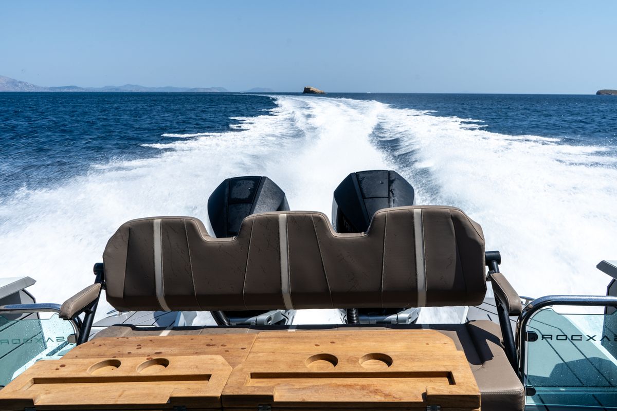 Deck of Evdoxia, a Saxdor Yachts Saxdor 320 GTC motorboat at Athens, Greece