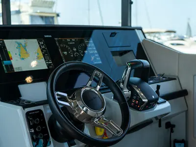 Cockpit of Evdoxia, a Saxdor Yachts Saxdor 320 GTC motorboat at Athens, Greece
