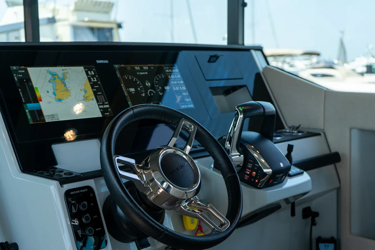 Cockpit of Evdoxia, a Saxdor Yachts Saxdor 320 GTC motorboat at Athens, Greece