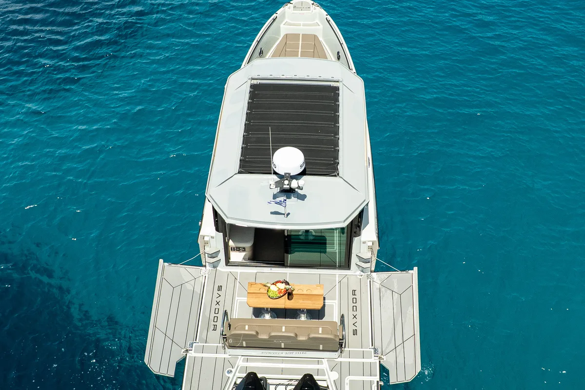 Exterior view of Evdoxia, a Saxdor Yachts Saxdor 320 GTC motorboat at Athens, Greece