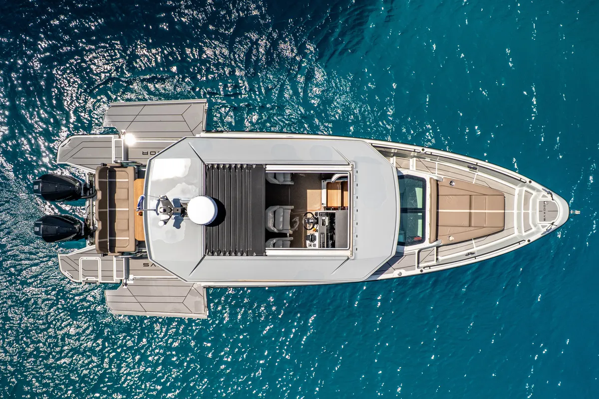 Exterior view of Evdoxia, a Saxdor Yachts Saxdor 320 GTC motorboat at Athens, Greece
