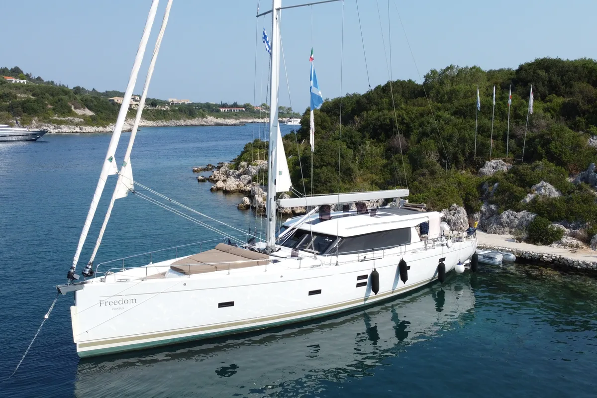 Exterior view of Freedom, a Moody 54 sailboat at Gouvia, Greece