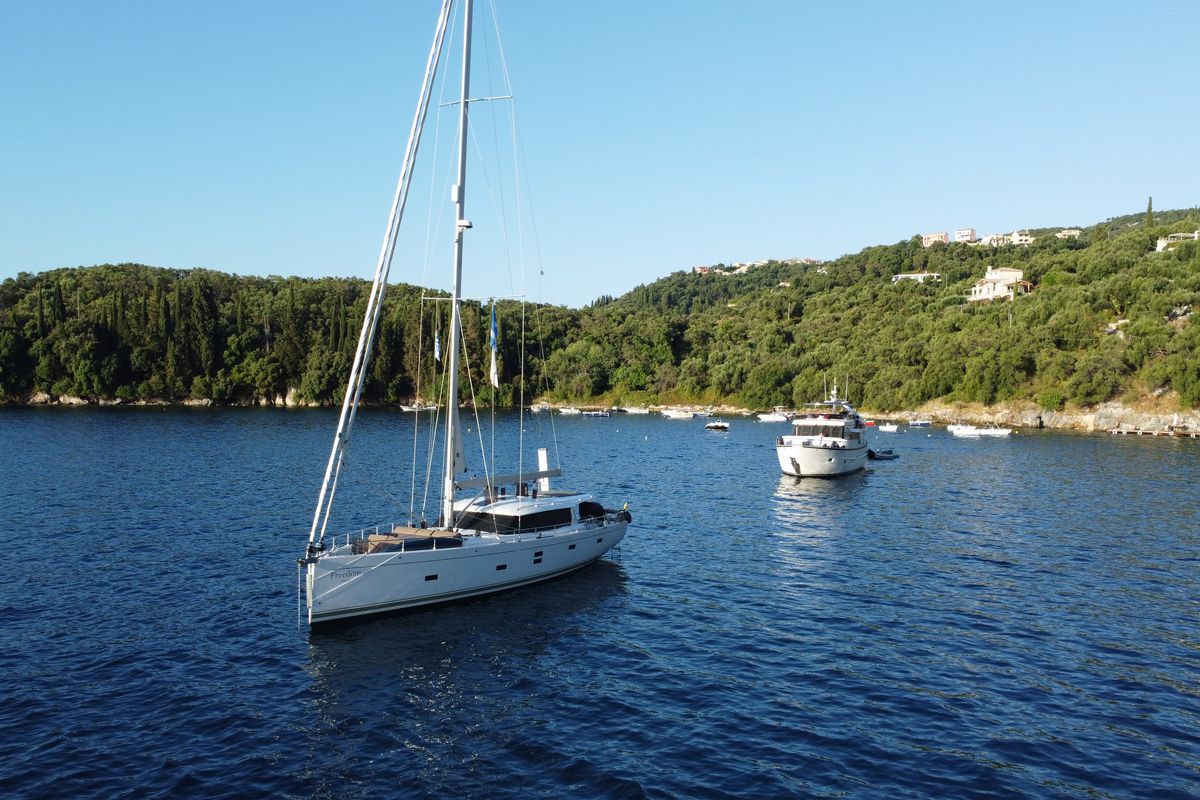 Exterior view of Freedom, a Moody 54 sailboat at Gouvia, Greece