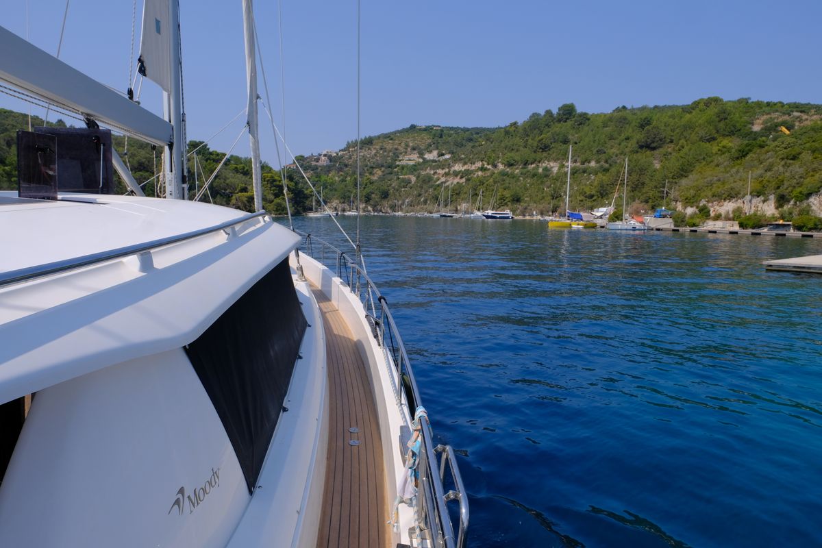 Deck of Freedom, a Moody 54 sailboat at Gouvia, Greece