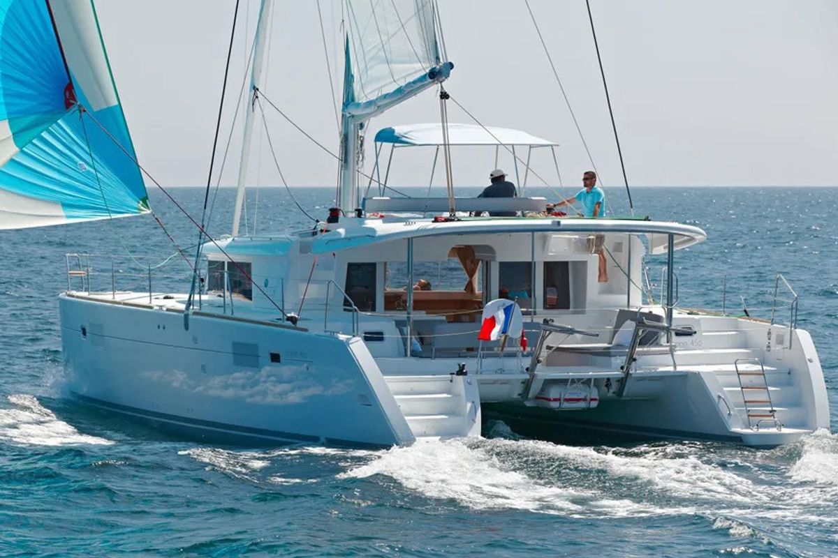 Exterior view of Altair, a Lagoon 450 Fly catamaran at Athens, Greece