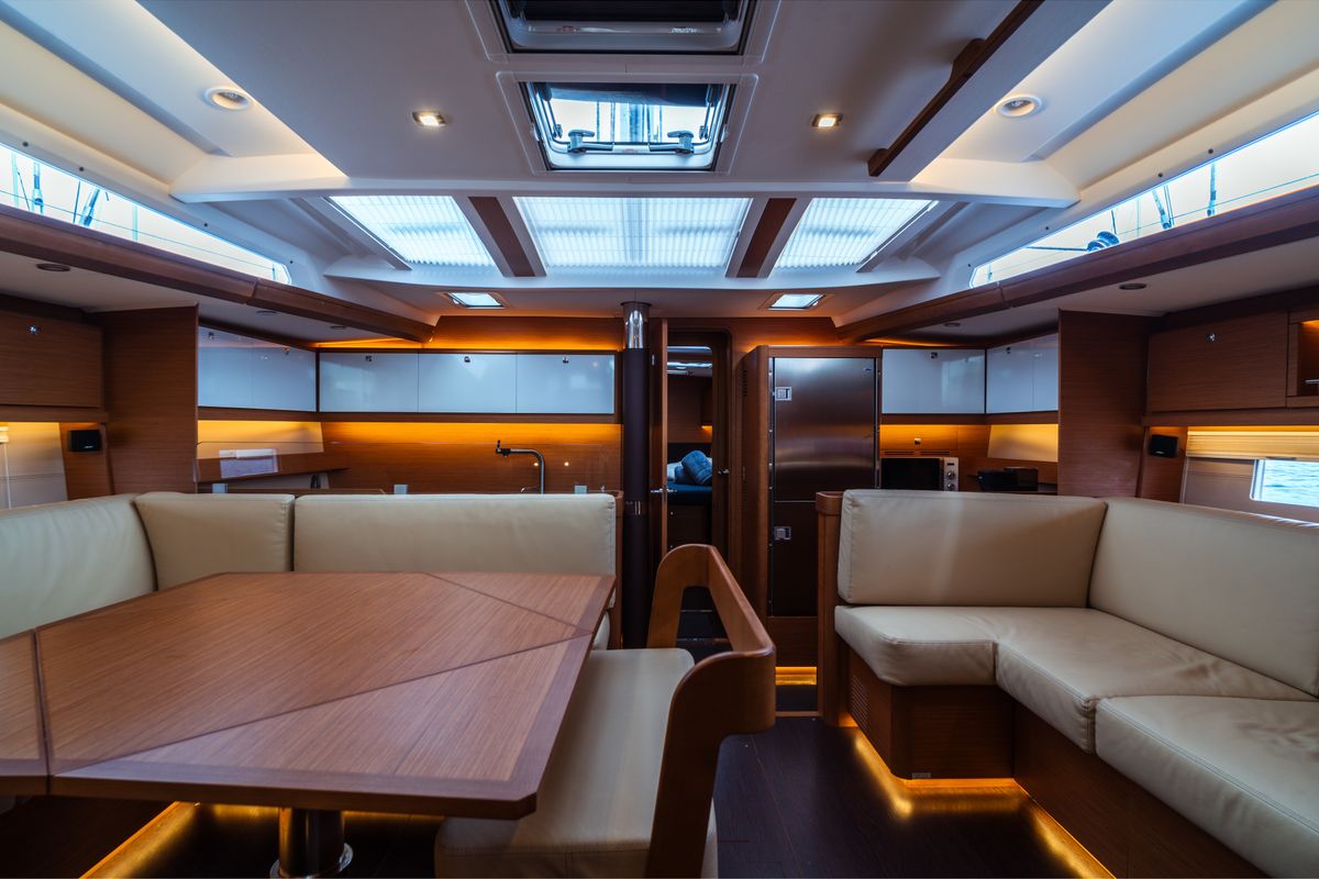 Salon of Eleonora, a Dufour 56 sailboat at Olbia, Italy
