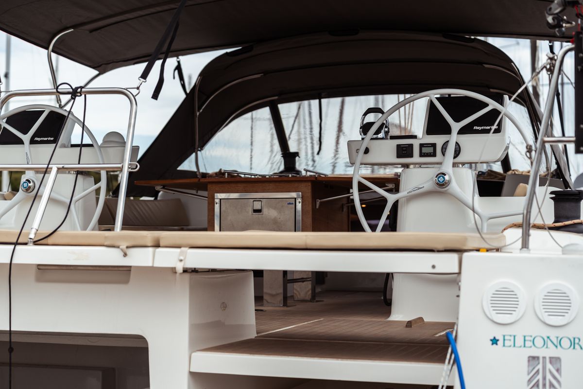 Deck of Eleonora, a Dufour 56 sailboat at Olbia, Italy