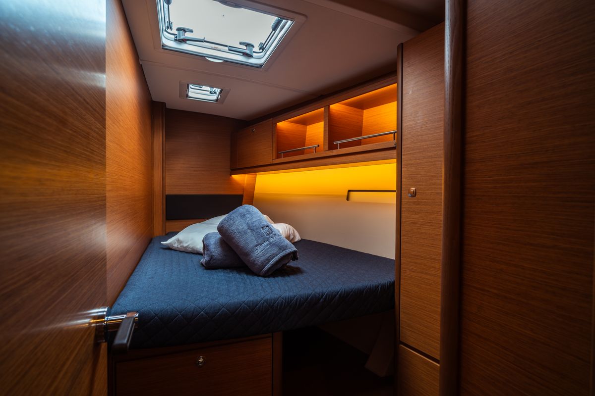 Cabin on Eleonora, a Dufour 56 sailboat at Olbia, Italy