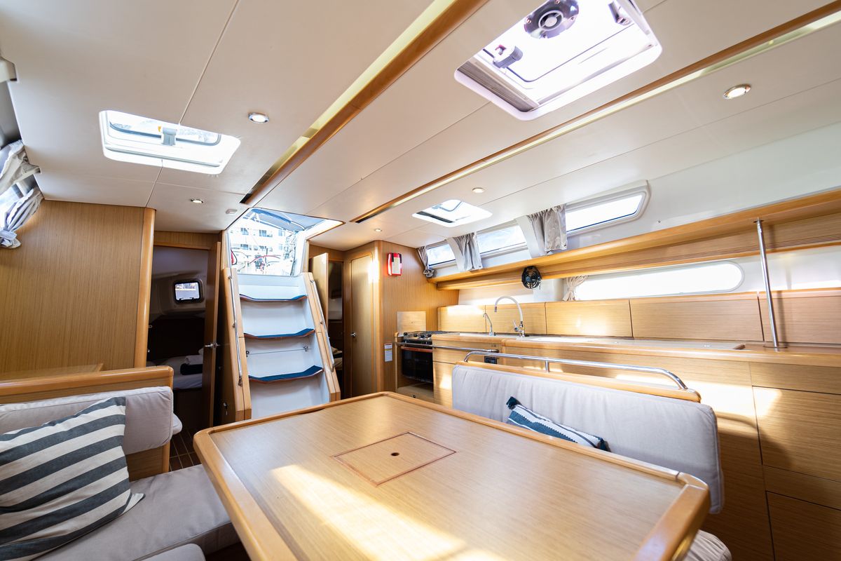 Salon of Beethoven ( with Bowthruster ,Solar Panels), a Jeanneau Sun Odyssey 44 i sailboat at Kavala, Greece