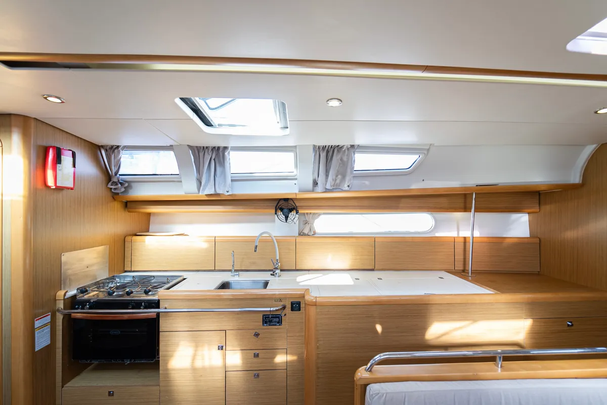 Galley of Beethoven ( with Bowthruster ,Solar Panels), a Jeanneau Sun Odyssey 44 i sailboat at Kavala, Greece