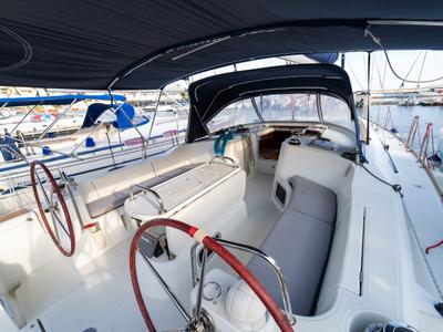 Cockpit of Beethoven ( with Bowthruster ,Solar Panels), a Jeanneau Sun Odyssey 44 i sailboat at Kavala, Greece