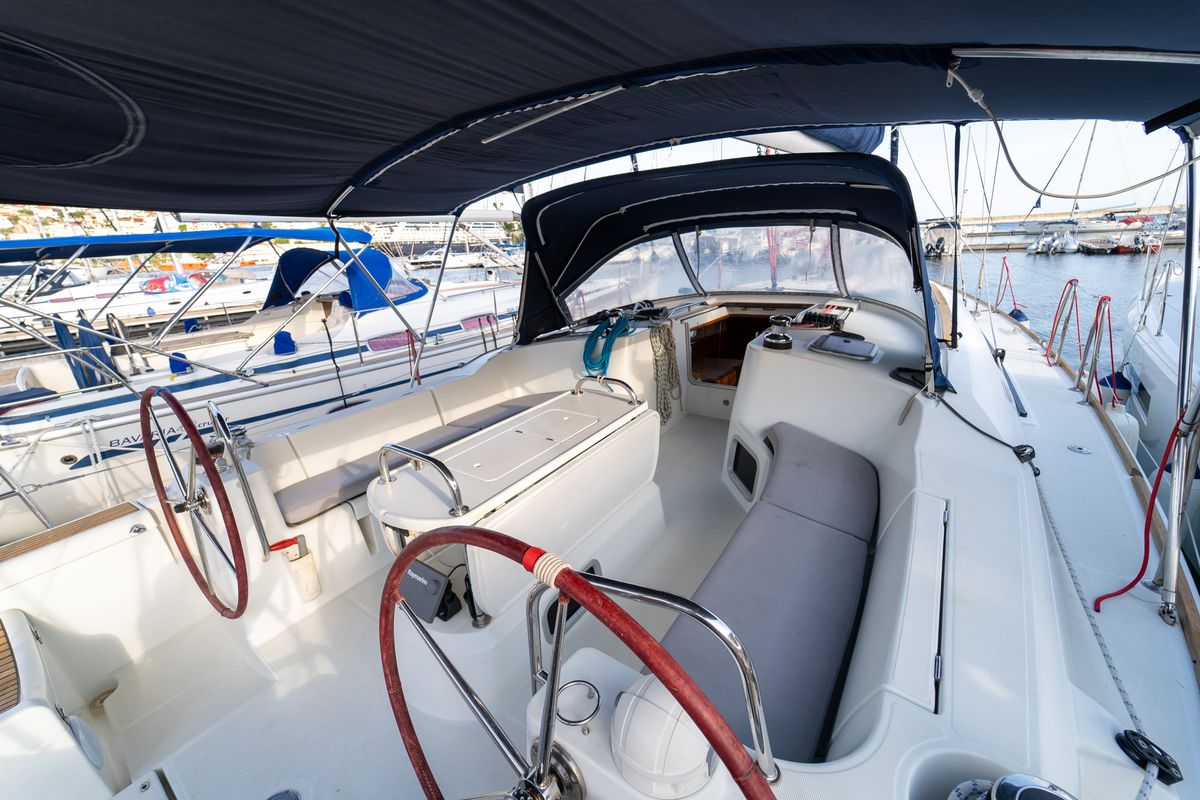 Cockpit of Beethoven ( with Bowthruster ,Solar Panels), a Jeanneau Sun Odyssey 44 i sailboat at Kavala, Greece