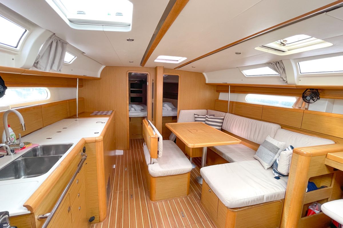 Salon of Beethoven ( with Bowthruster ,Solar Panels), a Jeanneau Sun Odyssey 44 i sailboat at Kavala, Greece