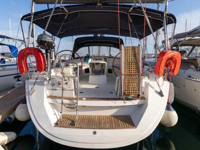 Deck of Beethoven ( with Bowthruster ,Solar Panels), a Jeanneau Sun Odyssey 44 i sailboat at Kavala, Greece