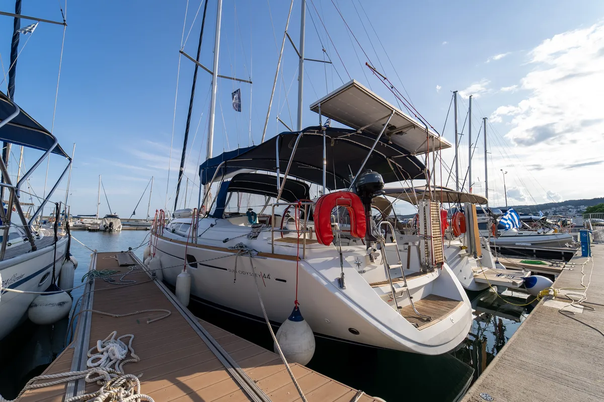 Exterior view of Beethoven ( with Bowthruster ,Solar Panels), a Jeanneau Sun Odyssey 44 i sailboat at Kavala, Greece