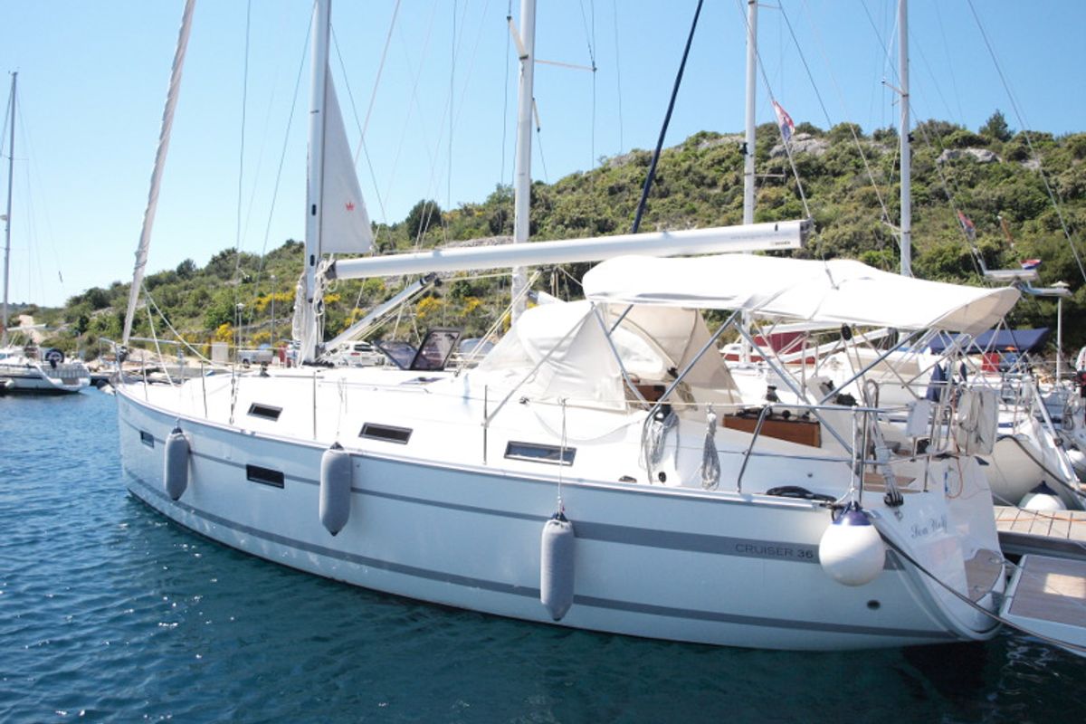 Exterior view of Sea Wolf, a Bavaria Cruiser 36 sailboat at Primošten, Croatia