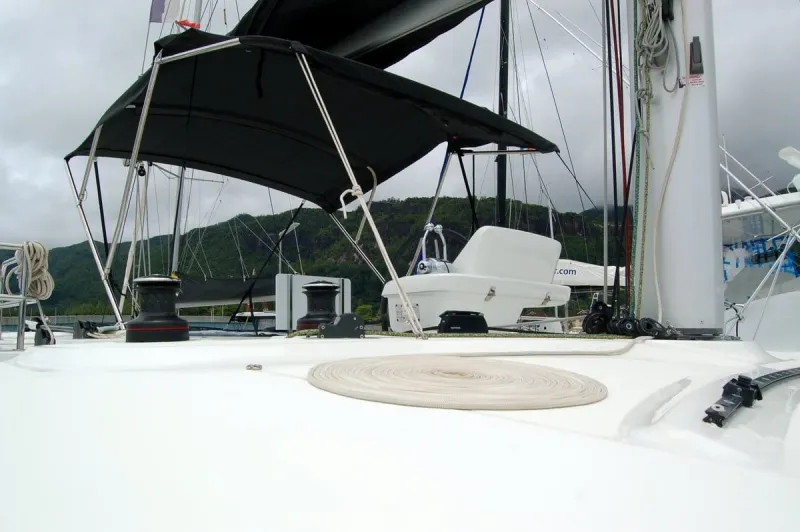 Deck of Ocean, a Lagoon 50 catamaran at Eden Island Marina, Seychelles