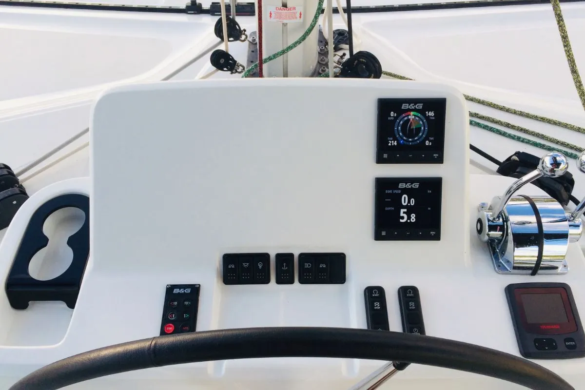 Cockpit of Ocean, a Lagoon 50 catamaran at Eden Island Marina, Seychelles
